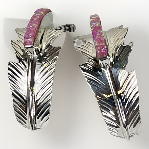 New Navajo Allen Barney Sterling Silver Pink Opal Feather Earrings Native SW - Picture 7 of 14